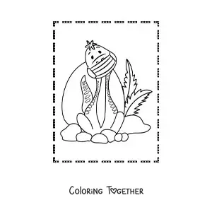 Coloring page of an animated long-necked dinosaur sitting with a face mask