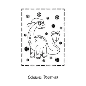 Coloring page of an animated long-necked dinosaur with a Christmas gift
