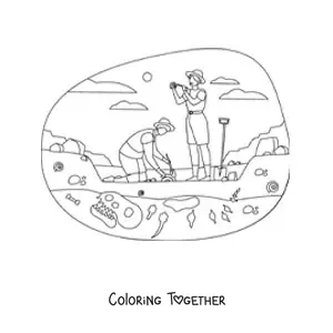 Coloring page of paleontologists excavating dinosaur fossils