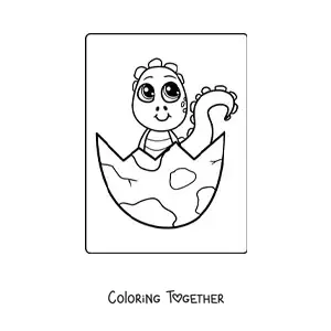 Coloring page of a kawaii baby dinosaur in an egg