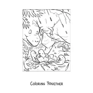Coloring page of a mother dinosaur with her newborn babies