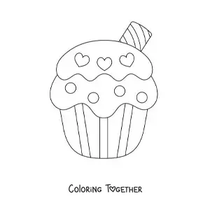 Coloring page of a cupcake with hearts in the frosting and a wafer