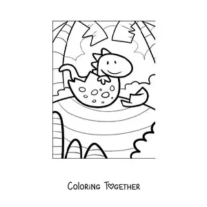 Coloring page of a cartoon of a dinosaur hatching from the egg