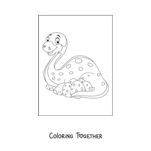 Coloring page of a mother dinosaur with her eggs