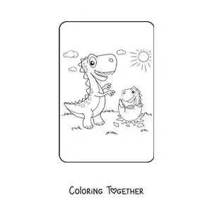 Coloring page of an animated tyrannosaurus with its baby hatching from the egg