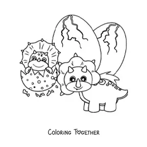 Coloring page of an animated triceratops with its baby hatching from the egg
