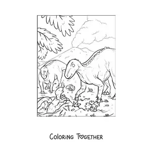 Coloring page of newborn dinosaurs with their mom
