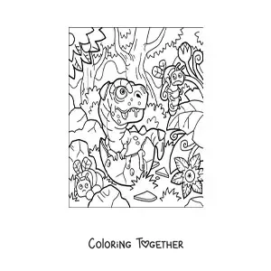 Coloring page of a carnivorous dinosaur hatching from the egg