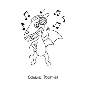 Coloring page of an animated flying dinosaur dancing