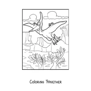 Coloring page of an animated pterosaur flying