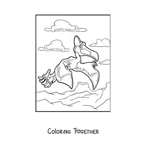 Coloring page of a flying dinosaur in flight