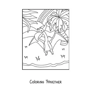 Coloring page of an easy animated flying dinosaur