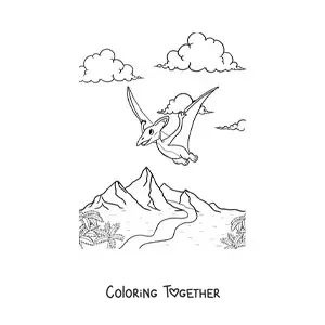Coloring page of an animated flying dinosaur in flight