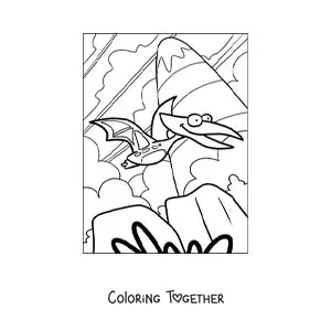 Coloring page of a cartoon of a flying dinosaur