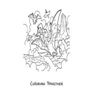 Coloring page of a carnivorous flying dinosaur hunting