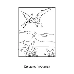 Coloring page of a flying dinosaur soaring in its habitat