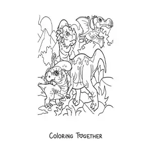 Coloring page of a flying dinosaur and land dinosaurs