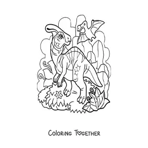 Coloring page of a carnivorous flying dinosaur and a herbivorous land dinosaur