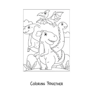 Coloring page of land dinosaurs and a pterodactyl flying