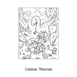 Coloring page of a baby velociraptor with its mom