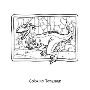 Coloring page of a realistic velociraptor in its habitat