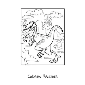 Coloring page of an animated velociraptor in its habitat