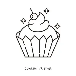 Coloring page of a cupcake with a cherry on top of the frosting and sparkles