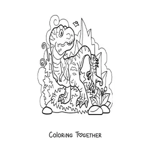 Coloring page of a carnivorous tyrannosaurus rex in its habitat