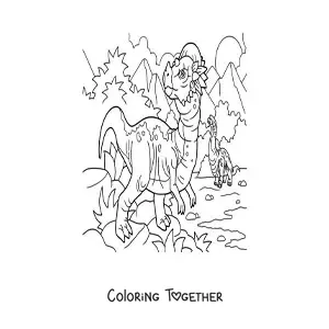 Coloring page of a bipedal carnivorous dinosaur in its habitat