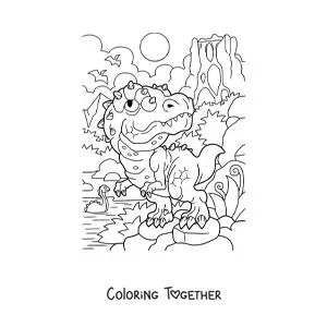 Coloring page of a baby carnivorous dinosaur in its habitat
