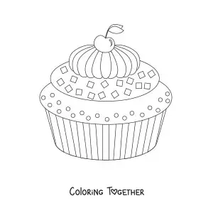 Coloring page of a cupcake with frosting and a cherry on top