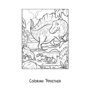 Coloring page of a carnivorous spinosaurus in its habitat with its babies