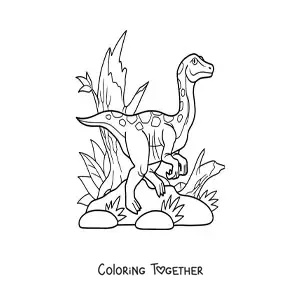 Coloring page of a carnivorous compsognathus in its habitat