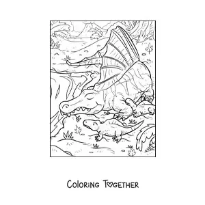 Coloring page of a carnivorous arizonasaurus in its habitat with its babies