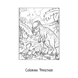 Coloring page of an omnivorous pachycephalosaurus with its babies