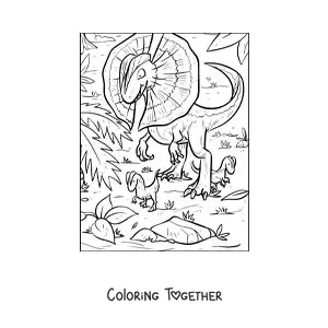 Coloring page of a carnivorous dilophosaurus in its habitat with its babies