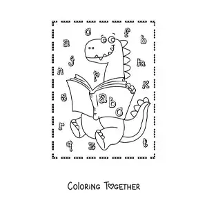 Coloring page of an animated carnivorous dinosaur reading a book