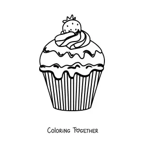 Coloring page of a cupcake with frosting and a strawberry on top