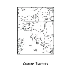 Coloring page of an animated carnivorous dinosaur in front of a volcano
