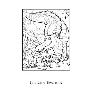 Coloring page of a carnivorous dinosaur with its offspring