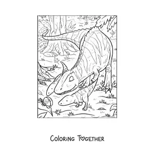 Coloring page of a carnivorous dinosaur hunting with its young