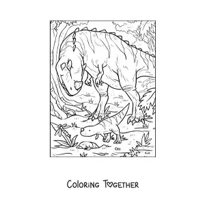 Coloring page of a carnivorous dinosaur with a horn hunting with its young