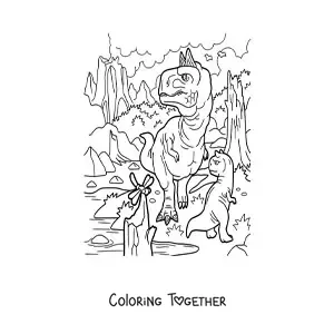 Coloring page of a large dangerous carnivorous dinosaur hunting with its baby