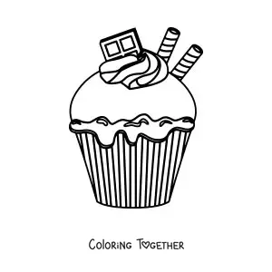 Coloring page of a cupcake with chocolate and two wafers