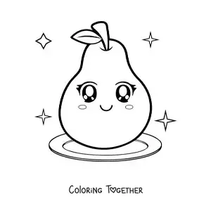 Coloring page of a large kawaii pear on a plate