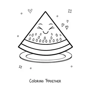 Coloring page of a large kawaii slice of watermelon on a plate