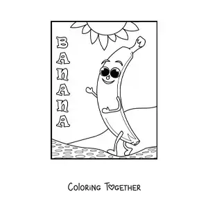 Coloring page of an animated kawaii banana