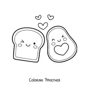 Coloring page of a kawaii avocado with animated toast