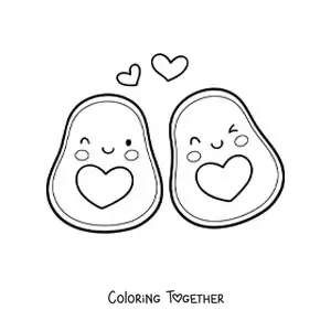 Coloring page of kawaii avocados in love