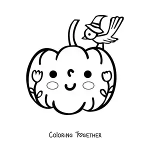 Coloring page of a kawaii pumpkin with flowers and a bird